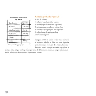 Informações nutricionais            Salmão grelhado especial
             por porção                    4 filés de salmão
                                           4 colheres (sopa) de vinho branco
      Rendimento        4 porções
                                           1 colher (sopa) de mostarda (opcional)
      Calorias           180 kcal          1 cebola grande cortada em rodelas finas
      Gorduras totais     6,6 g            1 colher (chá) de gengibre fresco picado
                                           1 colher (sopa) de azeite de oliva
      Colesterol          68 mg
                                           cheiro-verde a gosto
      Fibras                -

                          88 mg
                                              Tempere os filés de salmão com o vinho branco e
      Sódio
                                              a mostarda. Grelhe os filés em uma frigideira
     Fibras abaixo de 1g por porção.          antiaderente até dourarem dos 2 lados. Reserve.
                                              Em uma panela, coloque a cebola, o gengibre, o
azeite e deixe refogar em fogo baixo por cerca de 10 minutos, mexendo sempre até amaciar.
Retire, salpique o cheiro-verde e sirva sobre o salmão.




208
 