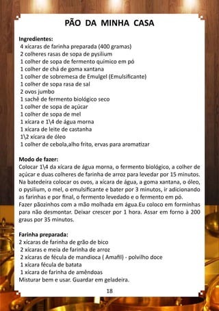 PÃO DA MINHA CASA
Ingredientes:
4 xícaras de farinha preparada (400 gramas)
2 colheres rasas de sopa de pysilium
1 colher de sopa de fermento químico em pó
1 colher de chá de goma xantana
1 colher de sobremesa de Emulgel (Emulsificante)
1 colher de sopa rasa de sal
2 ovos jumbo
1 sachê de fermento biológico seco
1 colher de sopa de açúcar
1 colher de sopa de mel
1 xícara e 14 de água morna
1 xícara de leite de castanha
12 xícara de óleo
1 colher de cebola,alho frito, ervas para aromatizar
Modo de fazer:
Colocar 14 da xícara de água morna, o fermento biológico, a colher de
açúcar e duas colheres de farinha de arroz para levedar por 15 minutos.
Na batedeira colocar os ovos, a xícara de água, a goma xantana, o óleo,
o pysilium, o mel, o emulsificante e bater por 3 minutos, ir adicionando
as farinhas e por final, o fermento levedado e o fermento em pó.
Fazer pãozinhos com a mão molhada em água.Eu coloco em forminhas
para não desmontar. Deixar crescer por 1 hora. Assar em forno à 200
graus por 35 minutos.
Farinha preparada:
2 xícaras de farinha de grão de bico
2 xícaras e meia de farinha de arroz
2 xícaras de fécula de mandioca ( Amafil) - polvilho doce
1 xícara fécula de batata
1 xícara de farinha de amêndoas
Misturar bem e usar. Guardar em geladeira.
18
 