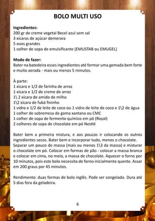 BOLO MULTI USO
Ingredientes:
200 gr de creme vegetal Becel azul sem sal
3 xícaras de açúcar demerara
5 ovos grandes
1 colher de sopa de emulsificante (EMUSTAB ou EMUGEL)
Modo de fazer:
Bater na batedeira esses ingredientes até formar uma gemada bem forte
e muito aerada - mais ou menos 5 minutos.
À parte:
1 xícara e 1/2 de farinha de arroz
1 xícara e 1/2 de creme de arroz
1 2 xícara de amido de milho
12 xícara de fubá fininho
1 vidro e 1/2 de leite de coco ou 1 vidro de leite de coco e 12 de água
1 colher de sobremesa de goma xantana ou CMC
1 colher de sopa de fermento químico em pó (Royal)
2 colheres de sopa de chocolate em pó Nestlé
Bater bem a primeira mistura, e aos poucos ir colocando os outros
ingredientes secos. Bater bem e incorporar tudo, menos o chocolate.
Separar um pouco de massa (mais ou menos 13 da massa) e misturar
o chocolate em pó. Colocar em formas de pão - colocar a massa branca
e colocar em cima, no meio, a massa de chocolate. Aquecer o forno por
10 minutos, pois este bolo necessita de forno inicialmente quente. Assar
em 200 graus por 45 minutos.
Rendimento: duas formas de bolo inglês. Pode ser congelado. Dura até
5 dias fora da geladeira.
6
 