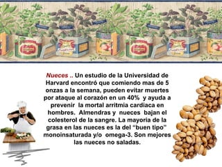 Nueces .. Un estudio de la Universidad de
Harvard encontró que comiendo mas de 5
onzas a la semana, pueden evitar muertes
por ataque al corazón en un 40% y ayuda a
prevenir la mortal arritmia cardiaca en
hombres. Almendras y nueces bajan el
colesterol de la sangre. La mayoria de la
grasa en las nueces es la del “buen tipo”
monoinsaturada y/o omega-3. Son mejores
las nueces no saladas.
 
