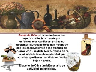 Aceite de Oliva  ..  Ha demostrado que ayuda a reducir la muerte por enfermedades cardíacas  y cáncer.. Recientes investigaciones han mostrado que los sobrevivientes a los ataques del corazón con una dieta Mediterránea  tiene la mitad de la tasa de mortalidad que aquellos que llevan una dieta ordinaria baja en grasa. El aceite de Oliva también es alto en actividad antioxidante.  
