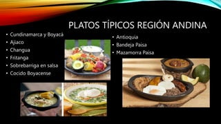 PLATOS TÍPICOS REGIÓN ANDINA
• Cundinamarca y Boyacá
• Ajiaco
• Changua
• Fritanga
• Sobrebarriga en salsa
• Cocido Boyacense
• Antioquia
• Bandeja Paisa
• Mazamorra Paisa
 