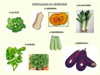 HORTALIÇAS OU VERDURAS A ALFACE A ABÓBORA A ABOBRINHA O ALHO-PORÓ A BERINJELA O AGRIÃO 