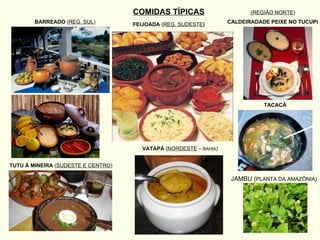 COMIDAS TÍPICAS BARREADO  ( REG. SUL ) FEIJOADA  ( REG. SUDESTE ) TUTU À MINEIRA  ( SUDESTE E CENTRO ) VATAPÁ  ( NORDESTE  –  BAHIA ) CALDEIRADADE PEIXE NO TUCUPI TACACÁ JAMBU ( PLANTA DA AMAZÔNIA) (REGIÃO NORTE ) 