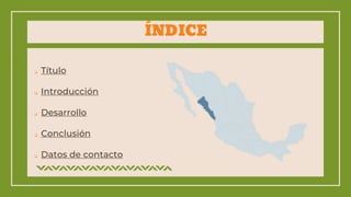 ÍNDICE
 Título
 Introducción
 Desarrollo
 Conclusión
 Datos de contacto
 