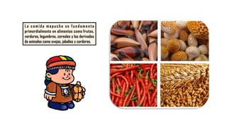 La comida mapuche se f und a m e nt a
primordialmente en alimentos como frutos,
verduras, legumbres, cereales y los deriva...