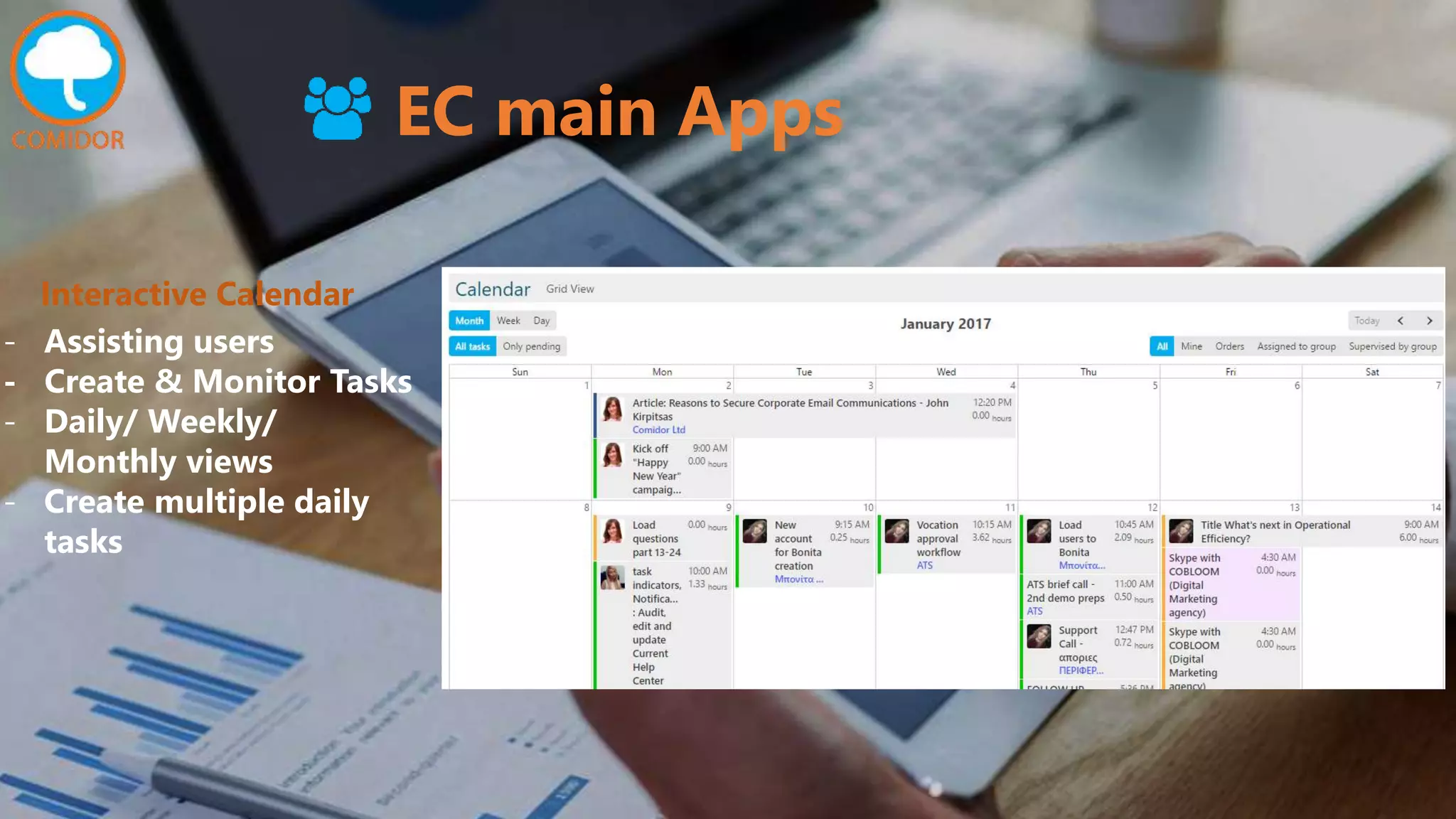 EC main Apps
Interactive Calendar
- Assisting users
- Create & Monitor Tasks
- Daily/ Weekly/
Monthly views
- Create multiple daily
tasks
 
