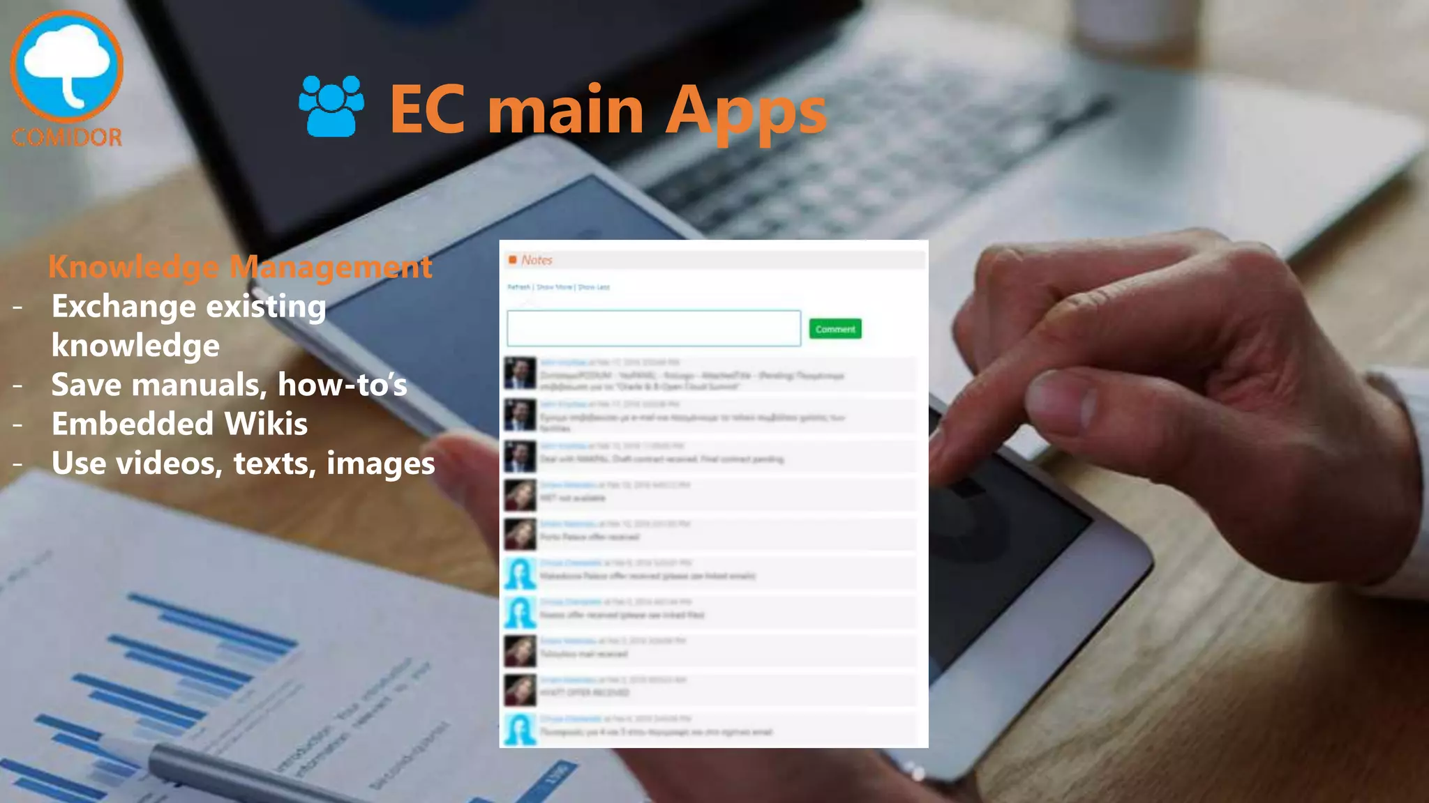 EC main Apps
Knowledge Management
- Exchange existing
knowledge
- Save manuals, how-to’s
- Embedded Wikis
- Use videos, texts, images
 