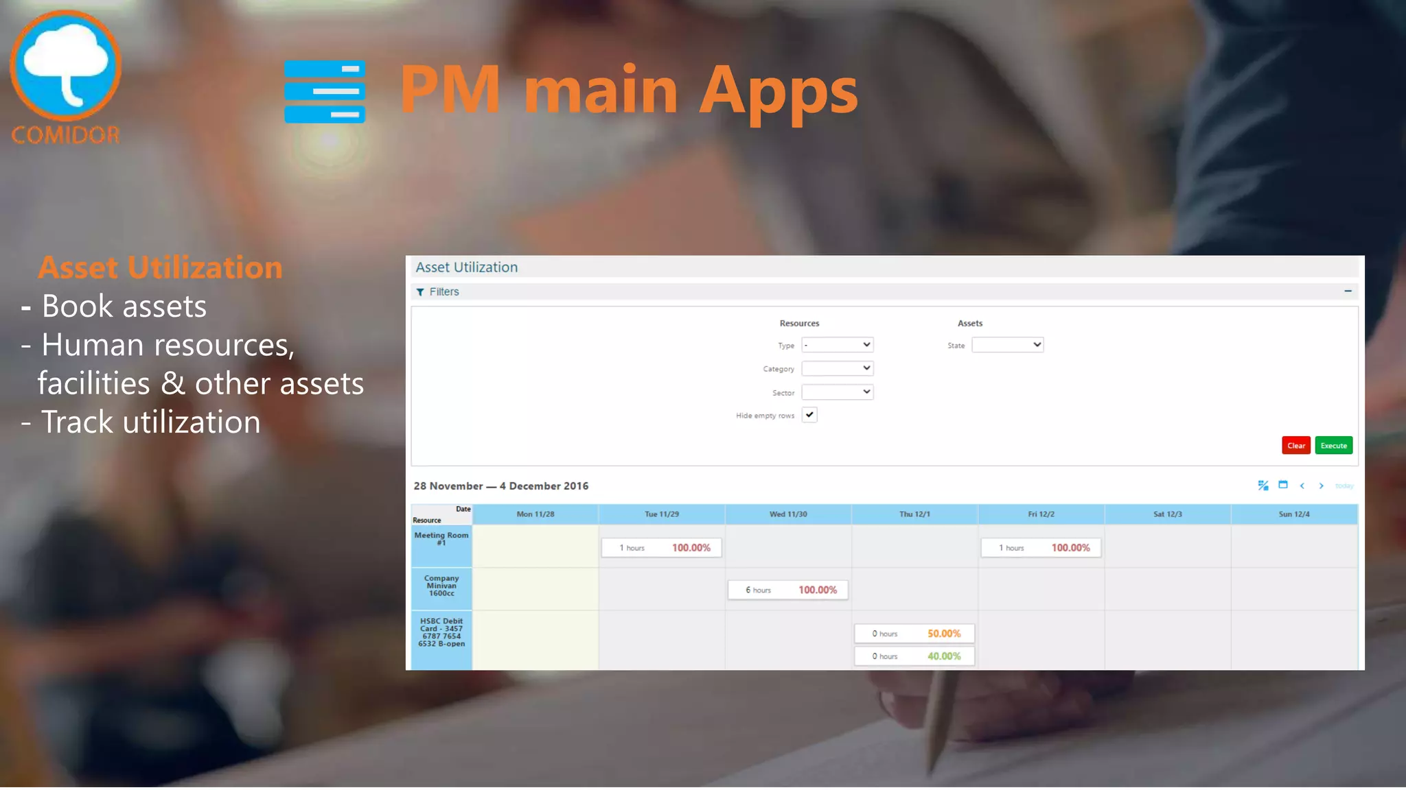 PM main Apps
Asset Utilization
- Book assets
- Human resources,
facilities & other assets
- Track utilization
 