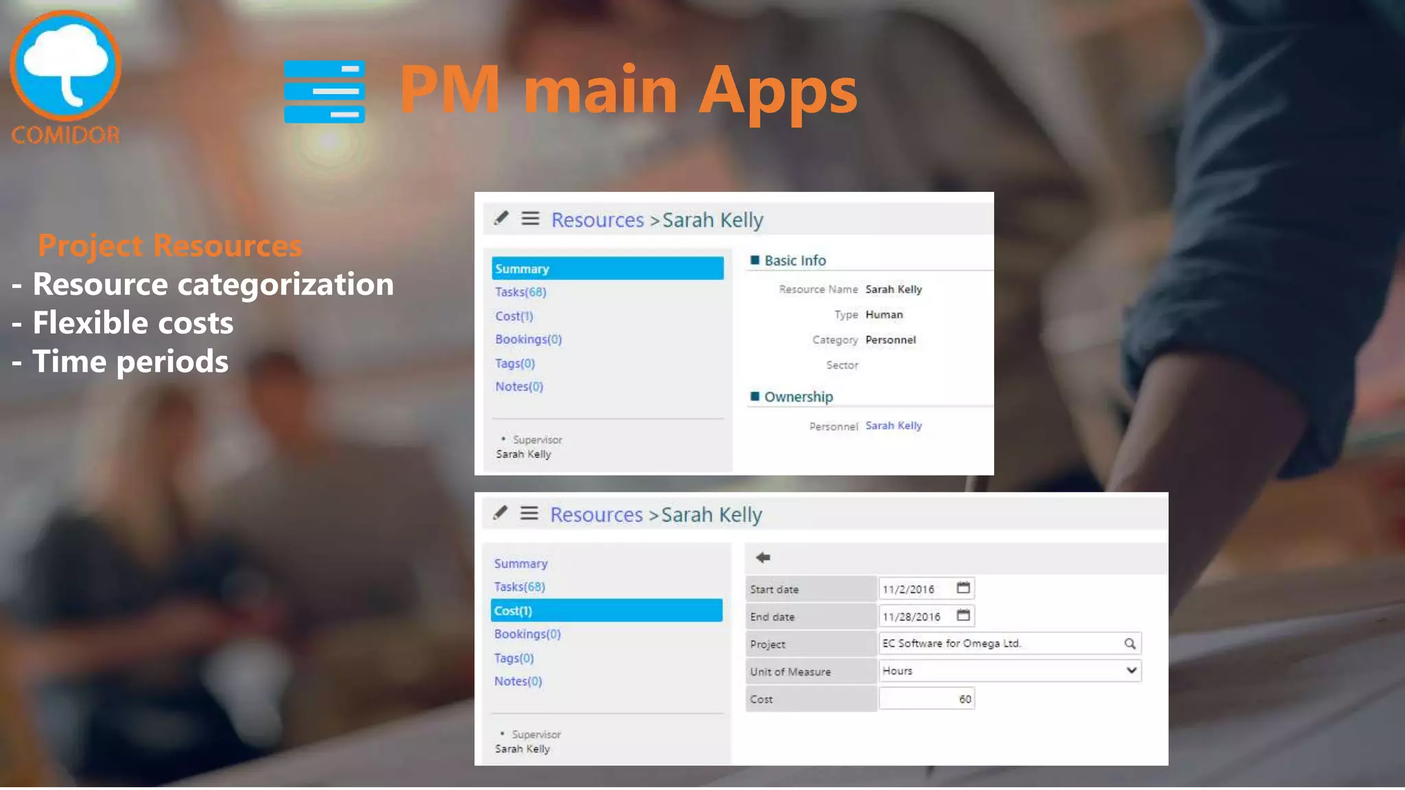 PM main Apps
Project Resources
- Resource categorization
- Flexible costs
- Time periods
 