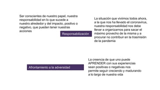 Afrontamiento a la adversidad
Responsabilización
Ser conscientes de nuestro papel, nuestra
responsabilidad en lo que sucede a
nuestro alrededor y del impacto, positivo o
negativo, que pueden tener nuestras
acciones
La situación que viviimos todos ahora,
a la que nos ha llevado el coronavirus,
nuestra responsabilidad nos debe
llevar a organizarnos para sacar el
máximo provecho de la misma y a
procurar no contribuir en la trasmisión
de la pandemia
La creencia de que uno puede
APRENDER con sus experiencias
sean positivas o negativas nos
permite seguir creciendo y madurando
a lo largo de nuestra vida
 