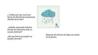 ¿ Creéis que hay una única
forma de afrontar las situaciones
difíciles de la vida?
¿Habéis observado distintas
formas de reaccionar ante un
suceso doloroso?
¿De qué forma se pueden se
pueden afrontar?
Después de la lluvia de ideas se anotan
en la pizarra
 