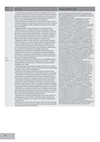 14
Numero
da
Proposta	
Proposta-Síntese	 Códigos de Identificação
7.1
(cont.)
- Fortalecimento da eficácia, eficiência e efetividade dos serviços
consulares brasileiros no exterior, especialmente quanto à reunião
familiar dos detentores de visto humanitário que se encontram no
Brasil, estruturando representações diplomáticas brasileiras em
locais com grande demanda por este serviço público;
- Permissão para que modificações e alterações em vistos sejam
realizadas enquanto o migrante se encontrar em território nacional
sem a necessidade da saída mandatória do país para dar entrada
em tal solicitação;
- Regulamentação e documentação dos “apátridas de facto”;
- Estabelecimento, no âmbito das formas de proteção comple-
mentar, de vistos de entrada por questões humanitárias, vistos de
permanência por questões humanitárias, autorizações de perma-
nência por questões humanitárias e status migratório específico
para os migrantes ambientais, bem como o caráter declaratório
das decisões sobre os status migratórios estabelecidos;
- Redução de taxas e custos referentes aos processos de regula-
rização migratória, em especial para imigrantes hipossuficientes,
crianças e adolescentes e dos imigrantes em situação de risco;
- Eliminação de sanções pecuniárias referentes ao não cumpri-
mento dos prazos de renovação dos documentos de identificação
dos migrantes emitidos pelas autoridades brasileiras;
- Disponibilização do teor do procedimento administrativo em
andamento bem como de sua conclusão, em especial daqueles
migrantes em situação de vulnerabilidade, crianças e adolescen-
tes, vítimas de tráfico de pessoas, egressos do sistema prisional e
pessoas em privação de liberdade;
- Estabelecimento de prazo máximo para que o CONARE delibere
sobre o pedido de solicitação de refúgio, não superior a 6 meses,
e ampliação do prazo para que o solicitante recorra da decisão
denegatória do refúgio;
- Estruturação para que pedido de refúgio seja feito em qualquer
unidade da Polícia Federal, não sendo condicionado à apresentação
de qualquer documento comprobatório;
- Garantia de solicitação de refugio por parte de menores desa-
companhados independente da responsabilização de um guardião;
- Fiscalização do cumprimento dos prazos máximos a serem esti-
pulados para os procedimentos de emissão e renovação de docu-
mentos para migrantes e refugiados que se encontram no Brasil;
- Simplificação da exigência da documentação para a emissão e
renovação do visto de estudante, eliminando o requisito do docu-
mento de comprovação de renda e a exigência de seguro de saúde
durante o tempo previsto para a realização dos estudos, facilitando
a aquisição de visto permanente depois de expirado o visto inicial;
- Emissão de um registro provisório para os migrantes indocumen-
tados enquanto seus processos estão sendo avaliados e concessão
de anistias desburocratizadas, regularização documental e com
baixo custo para migrantes que já estão no país;
- Emissão de documentos de identificação com taxas e tempo de
expedição iguais aos aplicados a brasileiros além da confecção
em material resistente, com suporte mais rígido e adequado aos
modos de uso;
- Emissão de documento de identificação, CPF e Carteira de Traba-
lho provisórios para as pessoas que dão entrada na documentação
requerendo a permanência no Brasil;
CLGruPesqDirHumVulnerSP27MarSemEixoP9; CLHaitPetroMG-
30MarE3P4; CLIMANSP22MarSemEixoP1; CLIMANSP22MarSemEi-
xoP2; CLIMANSP22MarSemEixoP12; CLIMANSP22MarSemEixoP26;
CLIMANSP22MarSemEixoP30;
CLIMANSP22MarSemEixoP31; CLIMANSP22MarSemEixoP36;
CLIMANSP22MarSemEixoP40;CLIMDH14fevE1P11; CLIM-
DH14fevE1P8; CLIMDH14fevE2P13; CLIMDHBsb01MarE2P6;
CLIMDHDFSamb01MarE1P1; CLIMDHDFSamb01MarE2P6;
CLInstDHMG21MarE1P4;CLInstTerraSP24MarE1P6;CLInstTerraSP-
26MarE1P14;CLInstTerraSP26MarE1P4;CLInstTerraSP26MarE1P5;
CLInstTerraSP26MarE1P6; CLInstTerraSP26MarE1P8;
CLInstTerraSP26MarE1P9;CLInstTerraSP29MarE1P10; CLInstTer-
raSP29MarE1P11;CLInstTerraSP29MarE1P9;CLInstTerraSP29Ma-
rE2P16; CLIUPER21MarE1P2; CLIUPER21MarE1P4; CLIUPER-
21MarE1P6; CLIUPER21MarE2P8; CLMisPazArabe14MarE2P3;
CLMisPazArabe14MarE2P4; ClMisPazBolivSP14MarSemEixoP4;
CLMisPazCHSP14MarE2P7; CLMisPazColombSP14MarSemEixoP1;
CLMisPazCongolezaE2P1; CLMissaoPazSP28MarE1P13; CLMis-
saoPazSP28MarE1P14; CLMissaoPazSP28MarE1P4; CLMissaoPa-
zSP28MarE1P8; CLMissaoPazSP28MarE1P9; CLNEPDAPb19Mar-
SemEixoP25; CLONGBrazRJ20MarE1P22; CLPARRSP28MarE1P1;
CLPARRSP28MarE1P3; CLPARRSP28MarE1P5; CLPARRSP28Ma-
rE1P7; CLPastCarcerCorumb31MarE1P2; CLPastCarcerCorumb-
31MarE1P4;CLPastCarcerCorumb31MarE2P5;CLPastCarcerCorum-
b31MarE2P9;CLPastCarMS31MarE1P2; CLPastMigBsb8MarE2P4;
CLPastMigMAO8MarE1P3; CLPastMigrAM08E1P3; CLPastMigrA-
M08E1P4; CLPastMigrAm14MarSemEixoP5;CLPastMigrAm14MarSe-
mEixoP7;CLPastMigrAm14MarSemEixoP8;CLPastMigrAm14MarSe-
mEixoP9;CLPastMigrAM15MarSemEixoP4;CLPastMigrAM22fevE1P3;
CLPastMigrCur29MarE1P3;CLPastMigrCur29MarE2P10; CLPast-
MigrCur29MarE2P2;CLPastMigrLondrCambePR30MarE4P3;-
CLPastMigrSP17MarE1P4;CLPastMobHumTABT12MarE1P2;
CLPatrINCASP28MarE1P10;CLPatrINCASP28MarE1P11; CLPatrIN-
CASP28MarE1P12;CLPatrINCASP28MarE1P8;
CLPatrINCASP28MarE1P9; CLPatrINCASP28MarE2P19; CLPa-
trINCASP28MarE2P24;CLPensDirSP24MarSemEixoP10; CL-
PensDirSP24MarSemEixoP11;CLPensDirSP24MarSemEixoP12;
CLPensDirSP24MarSemEixoP13;CLPensDirSP24MarSemEixoP14;
CLPensDirSP24MarSemEixoP15;CLPensDirSP24MarSemEixoP16;
CLPensDirSP24MarSemEixoP17;CLPensDirSP24MarSemEixoP18;
CLPensDirSP24MarSemEixoP19;CLPensDirSP24MarSemEixoP7;
CLPensDirSP24MarSemEixoP8; CLPensDirSP24MarSemEixoP9;
CLPucCiclo3Goias12MarE3P4; CLRefSirES26fevE1P6; CLRefSi-
rES26fevE1P7; CLRefSirioES26fevE1P6; CLRefSirioES26fevE1P7;
CLRESAMASP24MarSemEixoP5; CLSevEcuMilPriPE28Ma-
rE1P13;CLSevEcuMilPriPE28MarE1P2; CLSevEcuMilPriPE28Ma-
rE4P19;CLTabAM11MarE1P2; CLUDESCObsMigr30MarE1P2;
CLUDESCObsMigr30MarE3P6; CLUDESCObsMigr30MarE5P10;
CLUFFSSC13MarE1P12; CLUFFSSC13MarE1P15;CLUFFSS-
C13MarE1P20; CLUFFSSC13MarE1P4; CLUFFSSC13MarE2P25;
CLUFFSSC13MarE2P30;CLUFRNOAB27MarE1P1; CLUFRNOAB-
27MarE1P2; CLUFRR28MarE1P3;CLUFRR28MarE2P4; CLUFSMR-
S31MarE1P2; CLUFSMRS31MarE1P6; CLUFSMRS31MarE1P7;
CLUnEstAfrBsb21MarE5P10; CLUnEstAfrBsb21MarE5P9; CLUni-
norteMAO28MarSemEixoP20;CLUnisantSP27MarSemEixoP10;-
CLUnisantSP27MarSemEixoP12;CLUnisantSP27MarSemEixoP13;-
CLUnisantSP27MarSemEixoP15;CLUnisantSP27MarSemEixoP16;-
CLUnisantSP27MarSemEixoP17;CLUnisantSP27MarSemEixoP18;-
CLUnisantSP27MarSemEixoP19;CLUnisantSP27MarSemEixoP7;
CLUnisantSP27MarSemEixoP8; CLUnisantSP27MarSemEixoP9;
CLUnivCatPelRS24MarE1P1;CLUnivCatPelRS24MarE1P13; CLUniv-
CatPelRS24MarE4P17;CLUnivCatPelRS24MarE4P22;
CMBeloHorizonteE4P28; CMBeloHorizonteE4P30; CMBeloHorizonte-
E4P31;CMBeloHorizonteE5P40; CMCxsSul23MarE4P27;CMCxsSul-
23MarE4P29; CMCxsSul23MarE4P30;CMCxsSul23MarE4P33;
 