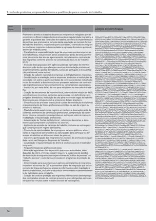 16
Numero
da
Proposta	
Proposta-Síntese	 Códigos de Identificação
8.1
Promover o direito ao trabalho decente aos migrantes e refugiados que se
encontrem no Brasil independente da situação de regularidade migratória e
garantir a igualdade das condições de trabalho por meio da implementação
de políticas que promovam a inclusão desta população ao mercado formal
de trabalho brasileiro, respeitando particularidades, sobretudo das migran-
tes mulheres, migrantes indocumentados e egressos do sistema prisional,
através de medidas como:
- Fiscalização e responsabilização legal de empresas que descumprem as
leis trabalhistas, inclusive com penas acessórias e perda de bens patrimo-
niais, decorrente dos atos de agenciamento, recrutamento e contratação
dos migrantes conforme previsto na Consolidação das Leis do Trabalho
(CLT);
- Inclusão desta população em agências públicas e privadas de interme-
diação de mão de obra que ofereçam serviços de orientação profissional,
encaminhamento a postos de trabalho, cursos de português e de qualifica-
ção profissional, entre outros;
- Criação de cadastro nacional de empresas e de trabalhadores migrantes;
- Sensibilização e orientação junto a empresas, sindicatos e instituições da
sociedade civil sobre as particularidades de contratação destes trabalhado-
res de forma abolir a discriminação nos processos seletivos e de contrata-
ção de profissionais por desconhecimento ou compreensões equivocadas;
- Instituição, por meio de lei, de cota para refugiados no mercado de traba-
lho;
- Criação de mecanismos de incentivo fiscal, sobretudo em relação ao INSS,
semelhante aos incentivos existentes para pessoas com deficiência e em-
pregados domésticos; instituição de cota para reserva de vagas de trabalho
direcionadas aos refugiados sob a proteção do Estado brasileiro;
- Simplificação do processo e redução de custas de revalidação de diplomas
e reconhecimento de títulos profissionais emitidos no país de origem ou
residência habitual;
- Flexibilização da exigência de registro em carteira e desenvolvimento de
sistemas alternativos de certificação profissional, comprovação da experi-
ência, títulos e competências adquiridas em outro país, além de meios de
readaptação e requalificação profissional;
- Autenticação de ‘Cartas de Referência’, referências bancárias, e docu-
mentos que comprovem seu histórico no exterior;
- Agilização da emissão de carteiras de trabalho, inclusive ao estrangeiro
que cumpre pena em regime semiaberto;
- Promoção de oportunidades de emprego em serviços públicos, elimi-
nando o requisito de ser brasileiro ou naturalizado para participar ou ter
acesso a trabalhos em diferentes níveis de governo;
- Garantir a participação dos imigrantes nos núcleos de promoção da igual-
dade racial nas Delegacias Regionais do Trabalho;
- Legalização e regulamentação do direito à sindicalização do trabalhador
imigrante;
- Regulamentação das profissões do sexo;
- Alteração legislativa a fim de permitir que outras autoridades, além
daquelas da esfera criminal, possam requerer a suspensão de pedidos
de deportação de migrantes que sejam vítimas do “tráfico de pessoas” ou
“trabalho escravo” e solicitar sua inclusão em programas de proteção às
vítimas.
- Determinação para que empresas / agências contratantes de migrantes,
respeitem as normas da CLT e apresentem plano de integração que inclua
o ensino da língua portuguesa, acesso às informações sobre legislação e
direitos trabalhistas, inclusive traduzidos e investimento no desenvolvimen-
to de habilidades para o trabalho.
- Criação de fundo de proteção aos migrantes internacionais desemprega-
dos, contratados através de contrato provisório, para obrigações patronais
obrigatórias e multas sobre trabalho escravo de estrangeiros.
CDDistDF21MarE2P10;CDDistDF21MarE2P13;CDDistDF21Ma-
rE2P21;EAm31MarE1P9;CEAm31MarE3P31;CEAm31MarE3P33;-
CEMT06MarE2P4;CEMT06MarE2P5;CEMT06MarE4P10;CEParan-
áE2P10;CEPernambuco31MarE3P32;CERioGrandedoSulE1P10;-
CERioGrandedoSulE2P26;CERioGrandedoSulE2P29;CERioGran-
dedoSulE2P30;CERioGrandedoSulE2P34;CERioGrandedoSu-
lE2P35;CERioGrandedoSulE2P39;CERioGrandedoSulE4P64;-
CERioGrandedoSulE4P74;CERond28MarE1P6;CERond28Ma-
rE3P14;CL1UNEGROMG25MarE1P3;CL1UNEGROMG25MarE1-
P6;CL1UNEGROMG25MarE1P6;CLABA22MarE2P9;CLABA22Ma-
rE4P21;CLABA22MarE4P26;CLAcnurMAO25FevE2P9;CLAdusS-
P30MarE2P11;CLArsEspLitzSP27MarSemEixoP2;CLArsEspSP2-
7MarE1P1;CLArsEspSP27MarE1P3;CLArsEspSP27MarSe-
mEixoP2;CLAssHaiBC30MarE1P1;CLAssHaiBC30MarE1P2;-
CLAssHaiBC30MarE4P9;CLAssocHaitITP30MarE2P2;CLAsso-
cPalSP22MarE3P3;CLCAMICompCidSP29MarSemEixoP6;CLCa-
ritasSC22MarE1P8;CLCaritasSP21MarE2P10;CLCARITRJ20Ma-
rE2P23;CLCARITRJ20MarE2P25;CLCARITRJ20MarE4P26;CLCar-
POA13MarE1P11;CLCasadoMigrPR28MarE2P8;CLCasadoMIgr-
PR28MarE2P9;CLCDDHPeJoaoB31MarE2P9;CLCDHIItajSC30Ma-
rE2P4;CLCDHIItajSC30MarE2P5;CLCDHIItajSC30MarE4P7;
CLCDHIItajSC30MarE4P7;CLCENARABRO30MarE1P3;CLCENA-
RABRO30MarE3P5;CLCENARABRO30MarE4P8;CLCentConfNe-
gUNB21MarçE2P4;CLCentRefDHPinhaisPR18MarE2P3;CLCen-
troZanmi15MarE1P1;CLChapSC20MarcE4P21;CLCHAPSC20Ma-
rE2P9;CLChapSC20MarE4P17;CLChapSC20MarE4P18;CLChap-
SC20MarE4P21;CLComBengRS22MarçE1P1;CLComSenegRS-
22MarçE1P1;CLConPatCidUK31MarE2P13;CLConPatCidUK31Ma-
rE2P21;CLCRPDF20MarE2P8;CLCUTSP28MarE2P1;CLGAIRERS-
28MarE1P11;CLHaitContagem23MarE2P2;CLHaitPetroMG30Ma-
rE3P5;CLHaitPetroMG30MarE3P7;CLIgreMatadaPraia22Ma-
rE1P7;CLIgreMatadaPraia22MarE1P8;CLIMDH14fevE1P4;CLIM-
DH14fevE2P12;CLIMDHBsb01MarE2P6;CLIMDHDFSamb01Mar-
E2P5;CLInstTerraSP26MarE1P7;CLMisPazArabe14MarE1P2;Cl-
MisPazBolivSP14MarSemEixoP4;CLMisPazCHSP14MarE1P2;CL-
MissaoPazPerSP14MarE5P5;CLNEPDAPb19MarSemEixoP23;-
CLONGBrazRJ20MarE1P7;CLPastCarcerCorumb31MarE2P7;-
CLPastCarcerCorumb31MarE3P16;CLPastCarcerCorumb31Ma-
rE4P20;CLPastMigBsb8MarE2P5;CLPastMigBsb8MarE2P6;CL-
PastMigrAM06MarE2P5;CLPastMigrCur23MarE1P5;
CLPastMigrCur29MarE1P6;CLPastMigrSP17MarE1P2;CLPast-
MobHumTABT12MarE3P4;CLPatrINCASP28MarE1P1;CLPuc-
Ciclo2Goias12MarE2P4;CLRedeApImiGuar20MarE2P1;CLRe-
fSirES26fevE1P4;CLRefSirioES26fevE1P4;CLRefSirioES26fe-
vE2P13;CLRefSirioES26fevE2P14;CLTabAM11MarE3;CLTa-
bAM11MarE3P4;CLTramRJ20MarE2P3;CLTramRJ20MarE2P7;-
CLUberlândia29MarE3P10;CLUFFSSC13MarE1P1;CLUFFSS-
C13MarE1P16;CLUFFSSC13MarE1P18;CLUFFSSC13MarE1P9;-
CLUFFSSC13MarE2P27;CLUFFSSC13MarE2P28;CLUniNilLins-
PastImiAM10MarE1P3;CLUnisinosRS24MarE4P14;CLUNIVALNa-
vSC30MarE2P10;
CLUNIVALNavSC30MarE4P12;CLUNIVALNavSC30MarE5P14;
CMBeloHorizonteE2P17;CMBeloHorizonteE4P25;CMBeloHori-
zonteE4P29;CMBeloHorizonteE4P34;CMBeloHorizonteE4P37;-
CMCxsSul23MarE2P16;CMCxsSul23MarE4P28;CMNatal26Ma-
rE4P8;CMPoA27MarE2P27;CMRioGrande24MarE5P18;CMSap-
doSulE1P9;CMSP29NovE1P17;CMSP29NovE2P28;CMSP29No-
vE2P31;CMSP29NovE4P42;CRArraiasTO24MarE1P4;CRLajVale-
TaqRSE2P5;CRPalmas27MarE2P16;CRPalmas27MarE2P19;CR-
VitóriaE1P2;CRVitóriaE2P10;CRVitóriaE2P7;CRVitóriaE2P8;C-
VAssocHait31MarE4P27;CVAssocHait31MarE4P28;CVAssocHai-
tE2P12;CVColetivAbrP14;CVColetivAbrP29;CVColetivAbrP38;C-
VColetivAbrP48;CVCONMarE1P12;CVCONMarE1P2;CVCONMa-
rE1P5;CVCONMarE2P33;CVCONMarE2P47;CVCONMarE2P48;C-
VUFSMMarcSemEixoP9
8. Inclusão produtiva, empreendedorismo e qualificação para o mundo do trabalho
 