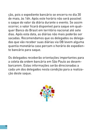 ção, pois o expediente bancário se encerra no dia 30
de maio, às 16h. Após este horário não será possível
o saque do valor da diária durante o evento. Se assim
ocorrer, o valor ficará disponível para saque em qual-
quer Banco do Brasil em território nacional até sete
dias. Após esta data, as diárias não mais poderão ser
sacadas. Recomendamos que os delegados ou delega-
das que vão receber suas diárias via OB levem alguma
quantia monetária caso percam o horário de expedien-
te bancário para saque.
Os delegados receberão orientações importantes para
a coleta da ordem bancária em São Paulo ao desem-
barcarem. Estas informações serão direcionadas a
cada um dos delegados nesta condição para a realiza-
ção deste saque.
10
 