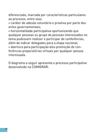 diferenciada, marcada por características particulares
ao processo, entre elas:
• caráter de adesão voluntária e proativa por parte dos
entes governamentais;
• horizontalidade participativa oportunizando que
qualquer pessoas ou grupo de pessoas interessados no
tema pudessem realizar e participar de conferências,
além de indicar delegados para a etapa nacional;
• abertura para participação e∕ou promoção de con-
ferências preparatórias virtuais por qualquer pessoa
interessada.
O diagrama a seguir apresenta o processo participativo
desenvolvido na COMIGRAR:
14
 
