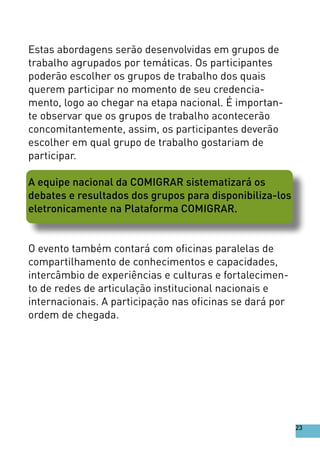 Estas abordagens serão desenvolvidas em grupos de
trabalho agrupados por temáticas. Os participantes
poderão escolher os grupos de trabalho dos quais
querem participar no momento de seu credencia-
mento, logo ao chegar na etapa nacional. É importan-
te observar que os grupos de trabalho acontecerão
concomitantemente, assim, os participantes deverão
escolher em qual grupo de trabalho gostariam de
participar.
A equipe nacional da COMIGRAR sistematizará os
debates e resultados dos grupos para disponibiliza-los
eletronicamente na Plataforma COMIGRAR.
O evento também contará com oficinas paralelas de
compartilhamento de conhecimentos e capacidades,
intercâmbio de experiências e culturas e fortalecimen-
to de redes de articulação institucional nacionais e
internacionais. A participação nas oficinas se dará por
ordem de chegada.
23
 