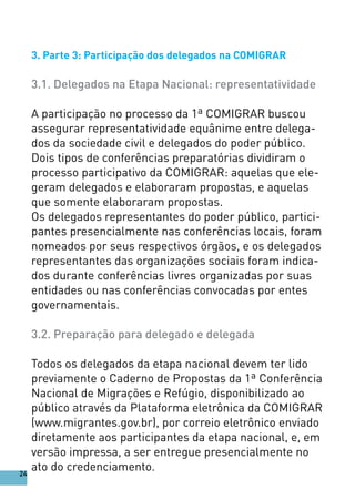 3. Parte 3: Participação dos delegados na COMIGRAR
3.1. Delegados na Etapa Nacional: representatividade
A participação no processo da 1ª COMIGRAR buscou
assegurar representatividade equânime entre delega-
dos da sociedade civil e delegados do poder público.
Dois tipos de conferências preparatórias dividiram o
processo participativo da COMIGRAR: aquelas que ele-
geram delegados e elaboraram propostas, e aquelas
que somente elaboraram propostas.
Os delegados representantes do poder público, partici-
pantes presencialmente nas conferências locais, foram
nomeados por seus respectivos órgãos, e os delegados
representantes das organizações sociais foram indica-
dos durante conferências livres organizadas por suas
entidades ou nas conferências convocadas por entes
governamentais.
3.2. Preparação para delegado e delegada
Todos os delegados da etapa nacional devem ter lido
previamente o Caderno de Propostas da 1ª Conferência
Nacional de Migrações e Refúgio, disponibilizado ao
público através da Plataforma eletrônica da COMIGRAR
(www.migrantes.gov.br), por correio eletrônico enviado
diretamente aos participantes da etapa nacional, e, em
versão impressa, a ser entregue presencialmente no
ato do credenciamento.24
 