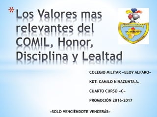 *
COLEGIO MILITAR «ELOY ALFARO»
KDT: CAMILO NINAZUNTA A.
CUARTO CURSO «C»
PROMOCIÓN 2016-2017
«SOLO VENCIÉNDOTE VENCERÁS»
 