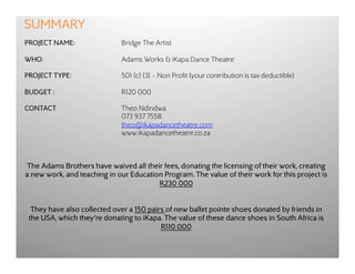 SUMMARY
PROJECT NAME:                Bridge The Artist

WHO:                         Adams Works & iKapa Dance Theatre

PROJECT TYPE:                501 (c) (3) – Non Profit (your contribution is tax deductible)

BUDGET :                     R120 000

CONTACT                      Theo Ndindwa
                             073 937 7558
                             theo@ikapadancetheatre.com
                             www.ikapadancetheatre.co.za



 The Adams Brothers have waived all their fees, donating the licensing of their work, creating
a new work, and teaching in our Education Program. The value of their work for this project is
                                        R230 000


  They have also collected over a 150 pairs of new ballet pointe shoes donated by friends in
 the USA, which they’re donating to iKapa. The value of these dance shoes in South Africa is
                                          R110 000
 
