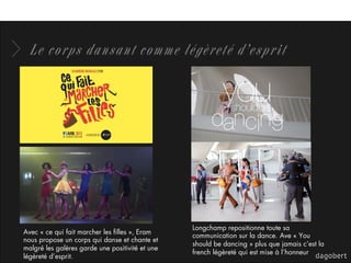 Le corps dansant comme légèreté d’esprit
Avec « ce qui fait marcher les ﬁlles », Eram
nous propose un corps qui danse et chante et
malgré les galères garde une positivité et une
légèreté d’esprit.
Longchamp repositionne toute sa
communication sur la dance. Ave « You
should be dancing » plus que jamais c’est la
french légèreté qui est mise à l’honneur
 
