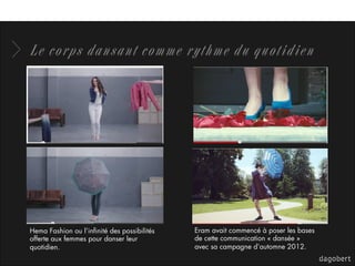 Le corps dansant comme rythme du quotidien
Hema Fashion ou l’inﬁnité des possibilités
offerte aux femmes pour danser leur
quotidien.
Eram avait commencé à poser les bases
de cette communication « dansée »
avec sa campagne d’automne 2012.
 