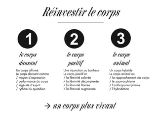 3
Réinvestir le corps
21
le corps
dansant
le corps
positif
le corps
animal
Un corps afﬁrmé.
Le corps dansant comme
/ moyen d’expression
/ performance du corps
/ légèreté d’esprit
/ rythme du quotidien
Une injonction au bonheur
Le corps positif et	
  
/ la féminité colorée
/ la féminité décomplexée
/ la féminité libérée
/ la féminité augmentée
Un corps hybride
Le corps animal ou	
  
/ la rapprochement des corps
/ le zoomorphisme
/ l’anthropomorphisme
/ l’hybridation
à un corps plus vivant
 