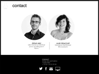 contact
LAURE FRÉMICOURT
PLANNEUR STRATÉGIQUE
@lortweetsberlin
CONTACT
39 RUE DES MATHURINS
75008 PARIS
+ 33 (0)1 56 03 99 80
JÉRÉMIE ABRIC
DIRECTEUR DE LA STRATÉGIE
jeremie.abric@dagobert.fr
@jabric
 