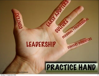 RS
                                                     TE
                                                    OP
                            E XT




                                                  AD
                                                                                            AL




                                                Y
                         ONT




                                              RL
                                                                                        ION




                                                       RE
                                                                                      S
                                                                                 ES




                                             EA
                                                                               F




                                                       U
                                                                             RO
                       C




                                                    LT
                                                                           P
                                                                      L+




                                                  CU
                                                                    A
                                                             S ON
                                                         P ER
                                                                                         NT E RS
                                                                                 S SE
                                       LEADERSHIP               CO  NV E RT
                                                                              DI




   Adapted from a blog by Maria H Anderson
                                             PRACTICE HAND
Monday, 21 September 2009                                                                          3
 
