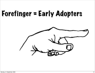 Forefinger = Early Adopters




Monday, 21 September 2009      14
 