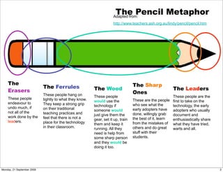 The Pencil Metaphor
                                                                     Adapted from:
                                                                     http://www.teachers.ash.org.au/lindy/pencil/pencil.htm




    The                                                                           The Sharp
                            The Ferrules                 The Wood                                       The Leaders
    Erasers                                                                       Ones
                            These people hang on         These people                                   These people are the
    These people            tightly to what they know.                            These are the people first to take on the
                                                         would use the
    endeavour to            They keep a strong grip                               who see what the
                                                         technology if                                  technology, the early
    undo much, if           on their traditional                                  early adopters have
                                                         someone would                                  adopters who usually
    not all of the          teaching practices and                                done, willingly grab
                                                         just give them the                             document and
    work done by the        feel that there is not a                              the best of it, learn
                                                         gear, set it up, train                         enthusiastically share
    leaders.                place for the technology                              from the mistakes of what they have tried,
                                                         them and keep it
                            in their classroom.          running. All they        others and do great   warts and all.
                                                         need is help from        stuff with their
                                                         some sharp person        students.
                                                         and they would be
                                                         doing it too.




Monday, 21 September 2009                                                                                                        2
 