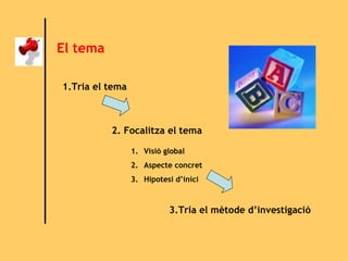El tema 1.Tria el tema   2. Focalitza el tema   3.Tria el mètode d’investigació   Visió global Aspecte concret Hipotesi d’inici 