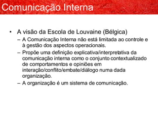 A visão da Escola de Louvaine (Bélgica) A Comunicação Interna não está limitada ao controle e à gestão dos aspectos operacionais. Propõe uma definição explicativa/interpretativa da comunicação interna como o conjunto contextualizado de comportamentos e opiniões em interação/conflito/embate/diálogo numa dada organização. A organização é um sistema de comunicação. Comunicação Interna 