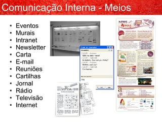 Eventos Murais Intranet Newsletter Carta E-mail Reuniões Cartilhas Jornal Rádio Televisão Internet Comunicação Interna - Meios 