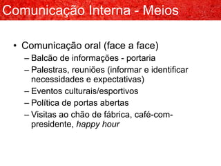 Comunicação oral (face a face) Balcão de informações - portaria Palestras, reuniões (informar e identificar necessidades e expectativas) Eventos culturais/esportivos Política de portas abertas Visitas ao chão de fábrica, café-com-presidente,  happy hour Comunicação Interna - Meios 