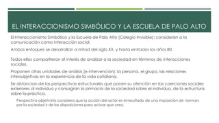 EL INTERACCIONISMO SIMBÓLICO Y LA ESCUELA DE PALO ALTO 
El Interaccionismo Simbólico y la Escuela de Palo Alto (Colegio Invisible): consideran a la 
comunicación como interacción social. 
Ambos enfoques se desarrollan a mitad del siglo XX, y hasta entrados los años 80. 
Todos ellos compartieron el interés de analizar a la sociedad en términos de interacciones 
sociales. 
Proponen otras unidades de análisis (e intervención): la persona, el grupo, las relaciones 
intersubjetivas en la experiencia de la vida cotidiana. 
Se distancian de las perspectivas estructurales que ponen su atención en las coerciones sociales 
exteriores al individuo y consagran la primacía de la sociedad sobre el individuo, de la estructura 
sobre la práctica. 
Perspectiva objetivista considera que la acción del actor es el resultado de una imposición de normars 
por la sociedad y de las disposiciones para actuar que crea. 
 