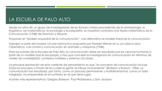 LA ESCUELA DE PALO ALTO 
Desde los años 40, un grupo de investigadores de los Estados Unidos procedentes de la antropología, la 
lingüística, las matemáticas, la sociología y la psiquiatría, se muestran contrarios a la Teoría matemática de la 
Comunicación (1948) de Shannon y Weaver. 
Proponen el “Modelo orquestral de la comunicación”, una alternativa al modelo lineal de la comunicación 
Trabajan a partir del modelo circular retroactivo propuesto por Norbert Wiener en su ya clásica obra 
Cibernética, o el control y comunicación en animales y máquinas (1948). 
Para los autores de la Escuela de Palo Alto, la comunicación debe ser estudiada por las ciencias humanas a 
partir de un modelo que le sea propio, y hay que concebir la investigación en comunicación en términos de 
niveles de complejidad, contextos múltiples y sistemas circulares. 
La principal aportación de esta corriente de pensamiento es que “el concepto de comunicación incluye 
todos los procesos a través de los cuales la gente se influye mutuamente” (Bateson y Ruesch, 1984). La 
comunicación fue estudiada, por tanto, como un proceso permanente y multidimensional, como un todo 
integrado, incomprensible sin el contexto en el que tiene lugar. 
Autores más representativos: Gregory Bateson, Paul Watzlawick y Don Jackson. 
 