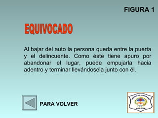 Al bajar del auto la persona queda entre la puerta y el delincuente. Como éste tiene apuro por abandonar el lugar, puede empujarla hacia adentro y terminar llevándosela junto con él.   FIGURA 1 PARA VOLVER EQUIVOCADO 