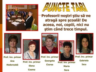 Profesorii noştri ştiu să ne
atragă spre şcoală! De
aceea, noi, copiii, nici nu
ştim când trece timpul.

Prof. înv. primar

Prof. înv. primar
Ana

Prof. înv. primar

Hodoroabă

Elena

Cosma

Prof. înv. primar

Georgeta

Gabriela

Ciurea

Prof. înv. primar

Maria
Sora

Iscu

 