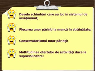 Desele schimbări care au loc în sistemul de
învăţământ;
Plecarea unor părinţi la muncă în străinătate;
Conservatorismul unor părinţi;

Multitudinea ofertelor de activităţi duce la
suprasolicitare;

 