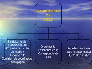 COORDINADOR DE CICLO Participar en la  Elaboración del Proyecto curricular De etapa y Elevarlo a la Comisión de coordinación pedagogica Coordinar la  Enseñanza en el Correspondiente ciclo Aquellas funciones Que le encomienda El jefe de estudios 