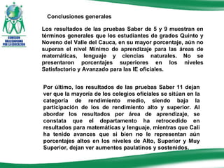 Los resultados de las pruebas Saber de 5 y 9 muestran en términos generales que los estudiantes de grados Quinto y Noveno del Valle del Cauca, en su mayor porcentaje, aún no superan el nivel Mínimo de aprendizaje para las áreas de matemáticas, lenguaje y ciencias naturales. No se presentaron porcentajes superiores en los niveles Satisfactorio y Avanzado para las IE oficiales. Por último, los resultados de las pruebas Saber 11 dejan ver que la mayoría de los colegios oficiales se sitúan en la categoría de rendimiento medio, siendo baja la  participación de los de rendimiento alto y superior. Al abordar los resultados por área de aprendizaje, se constata que el departamento ha retrocedido en resultados para matemáticas y lenguaje, mientras que Cali ha tenido avances que si bien no le representan aún porcentajes altos en los niveles de Alto, Superior y Muy Superior, dejan ver aumentos paulatinos y sostenidos. Conclusiones generales 