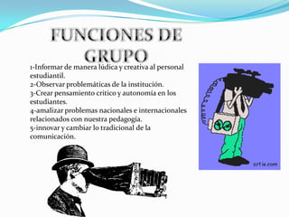 1-Informar de manera lúdica y creativa al personal
estudiantil.
2-Observar problemáticas de la institución.
3-Crear pensamiento critico y autonomía en los
estudiantes.
4-amalizar problemas nacionales e internacionales
relacionados con nuestra pedagogía.
5-innovar y cambiar lo tradicional de la
comunicación.
 