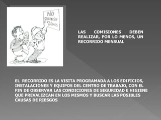 EL RECORRIDO ES LA VISITA PROGRAMADA A LOS EDIFICIOS,
INSTALACIONES Y EQUIPOS DEL CENTRO DE TRABAJO, CON EL
FIN DE OBSERVAR LAS CONDICIONES DE SEGURIDAD E HIGIENE
QUE PREVALEZCAN EN LOS MISMOS Y BUSCAR LAS POSIBLES
CAUSAS DE RIESGOS
LAS COMISIONES DEBEN
REALIZAR, POR LO MENOS, UN
RECORRIDO MENSUAL
 