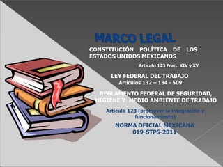 CONSTITUCIÓN POLÍTICA DE LOS
ESTADOS UNIDOS MEXICANOS
Artículo 123 Frac.. XIV y XV
LEY FEDERAL DEL TRABAJO
Artículos 132 – 134 - 509
REGLAMENTO FEDERAL DE SEGURIDAD,
HIGIENE Y MEDIO AMBIENTE DE TRABAJO
Artículo 123 (promover la integración y
funcionamiento)
NORMA OFICIAL MEXICANA
019-STPS-2011
 