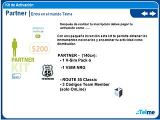 Después de realizar tu inscripción debes pagar tu activación como ….. PARTNER -  (140cv):   - 1 V-Sim Pack ó  -1 VSIM NRG    - ROUTE 55 Classic    - 3 Códigos Team Member  (solo OnLine)  