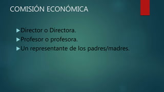 COMISIÓN ECONÓMICA
Director o Directora.
Profesor o profesora.
Un representante de los padres/madres.
 