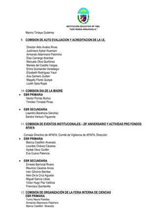 INSTITUCION EDUCATIVA Nº 7081
                                          “JOSE MARIA ARGUEDAS A.”
       Marino Tintaya Gutiérrez

    9. COMISION DE AUTO EVALUACION Y ACREDITACION DE LA I.E.

       Director Aldo Avalos Rivas
       Justiniano Aybar Huamani
       Armando Altamirano Palomino
       Elsa Camargo Aranibar
       Manuela Oliva Quiñónez
       Mariela del Castillo Vargas
       Elvira Quintanilla Verastegui
       Elizabeth Rodríguez Yauri
       Ana Gamero Guillen
       Magally Flores Quispe
       Lizeth Sara Rojas

    10. COMISION DIA DE LA MADRE
•     EBR PRIMARIA
        Héctor Porras Muñoz
        Timoteo Trinidad Pinao

•    EBR SECUNDARIA
      Lisandro Barahona Sánchez
      Sandra Venturo Figuerola

    11. COMISION DE EVENTOS INSTITUCIONALES – 28º ANIVERSARIO Y ACTIVIDAD PRO FONDOS
        APAFA

     Consejo Directivo de APAFA, Comité de Vigilancia de APAFA, Dirección
•    EBR PRIMARIA
      Blanca Castillón Alvarado
      Lourdes Chávez Cáceres
      Aydeé Osco Guillén
      Eva Cueva Palencia

•    EBR SECUNDARIA
      Ernesto Berrocal Rivera
      Mauricio Cáceres Arcos
      Iván Gilvonio Benites
      Alex De la Cruz Aguado
      Miguel García Libias
      Víctor Hugo Paz Valdivia
      Francisco Quintanilla
    12. COMISION DE ORGANIZACIÓN DE LA FERIA INTERNA DE CIENCIAS
        EBR PRIMARIA
       Yunny Neyra Paredes
       Armando Altamirano Palomino
       Blanca Castillón Alvarado
 