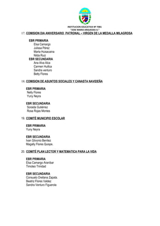 INSTITUCION EDUCATIVA Nº 7081
                                  “JOSE MARIA ARGUEDAS A.”
17. COMISION DIA ANIVERSARIO PATRONAL – VIRGEN DE LA MEDALLA MILAGROSA

     EBR PRIMARIA
        Elsa Camargo
        Julissa Pérez
        Marta Huisacaina
        Nilda Ruiz
     EBR SECUNDARIA
        Ana Alva Alca
        Carmen Huillca
        Sandra venturo
        Betty Flores

18. COMISION DE ASUNTOS SOCIALES Y CANASTA NAVIDEÑA

   EBR PRIMARIA
   Nelly Flores
   Yuny Neyra

   EBR SECUNDARIA
   Soraida Gutiérrez
   Rosa Rojas Montes

19. COMITÉ MUNICIPIO ESCOLAR

   EBR PRIMARIA
   Yuny Neyra

   EBR SECUNDARIA
   Ivan Gilvonio Benitez
   Magally Flores Quispe.

20. COMITÉ PLAN LECTOR Y MATEMATICA PARA LA VIDA

   EBR PRIMARIA
   Elsa Camargo Araníbar
   Timoteo Trinidad

   EBR SECUNDARIA
   Consuelo Orellana Zapata.
   Beatriz Flores Valdez
   Sandra Venturo Figuerola
 