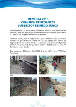 6
En el período 2013 se han realizado un conjunto de obras, contratado diversos
servicios y realizado algunas adquisiciones que han contribuido al desarrollo de
la Comisión y a un óptimo desempeño institucional.
Desde un inicio y, con el propósito de seguir combatiendo las conexiones
clandestinas que afectan la calidad del agua de regadío, la Comisión de
Regantes Surco y la Municipalidad de Santa Anita, suscribieron en el periodo
2013 un convenio para techar y encofrar un tramo de 500 metros lineales del
Canal Surco en ese distrito.
Este comprendió 286 ml. en el AAHH 29 de enero y 214 ml. en AA.HH. Los
Ruiseñores
MEMORIA 2013
COMISION DE REGANTES
SUBSECTOR DE RIEGO SURCO
Antes
Antes
Después
Después
 